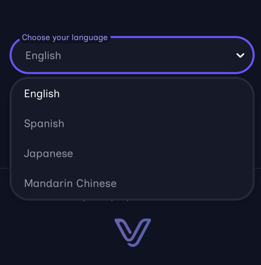 Volo mobile view of language selection for live event translations